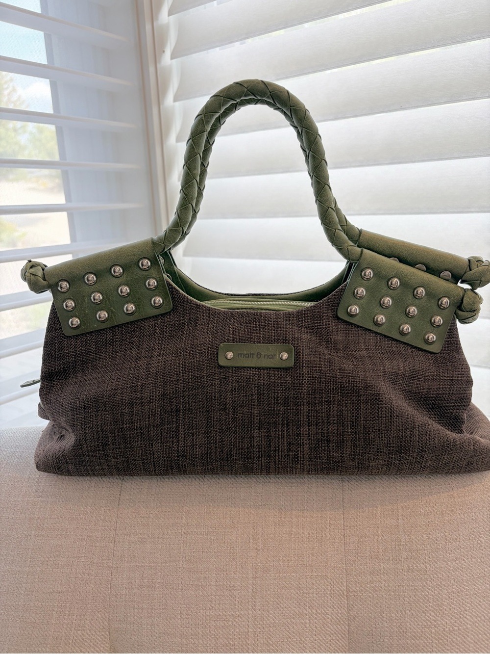 Matt & Nat Olive Green and Brown Studded Braided Handle Tote